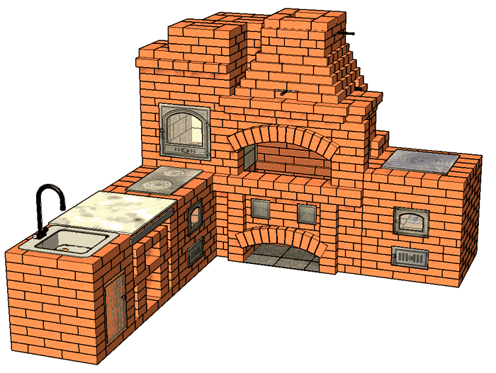 №228 Барбекю-комплекс (угловой): барбекю-камин с жаровой (хлебной) печью, плитой для казана и мойкой с разделочным столиком