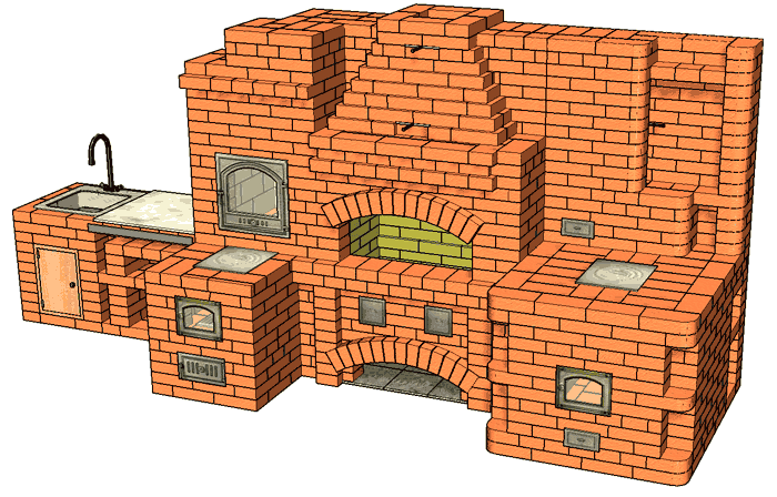 №229(Б) Барбекю-комплекс: барбекю-камин с жаровой (хлебной) печью, печью-тандыром и мойкой с разделочным столиком
