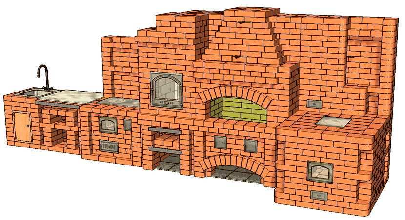 №229(А) Барбекю-комплекс: барбекю-камин с жаровой (хлебной) печью, печью-тандыром, приставной кухонной плитой и мойкой с разделочным столиком