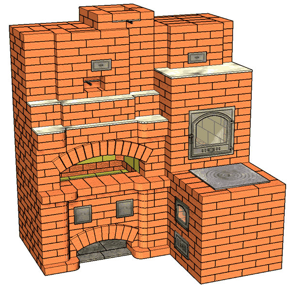 №252 Мангальный комплекс (угловой): Барбекю камин с коптильной (жаровой) печью и плитой для казана