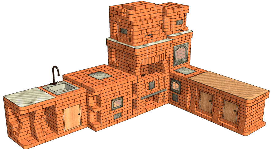 №299 БК (угловой): Барбекю-камин с коптильней, печью-тандыром, мойкой с разделочным столиком и хозяйственным шкафом
